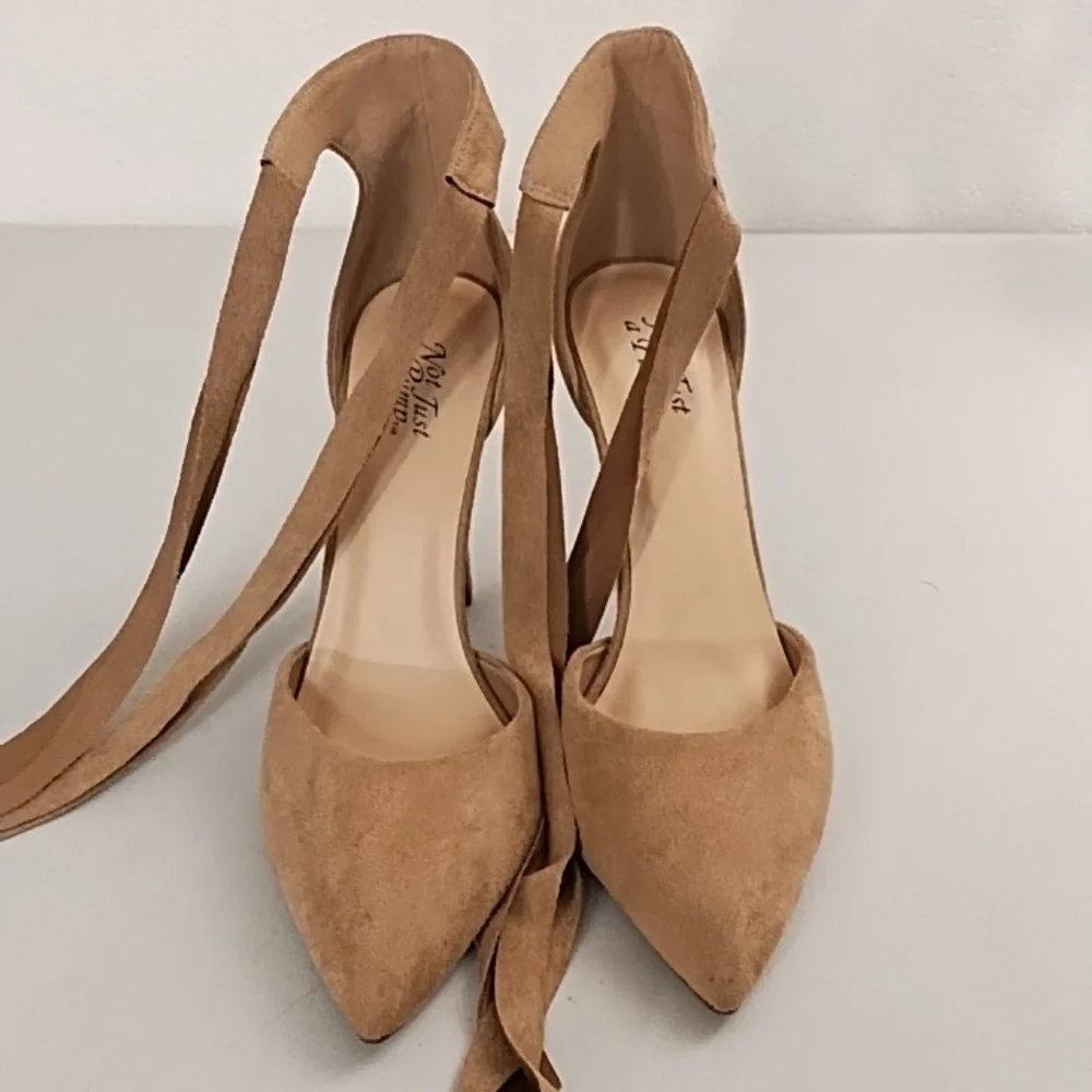 Not Just A Pump 7 Vegan Tan Suede High Heel Ankle Tie Boho Dress Shoe Jean Shoe